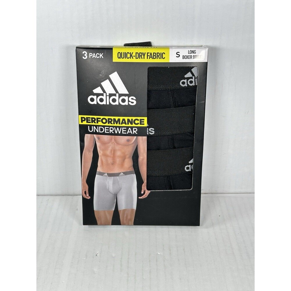 Size Small Adidas 3 Pack Men's Performance Underwear Black Long Boxer Briefs NEW